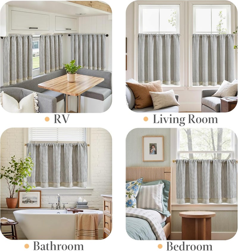 jinchan Double Layer Striped Linen Kitchen Tier Curtain Rustic Cafe for Living Room Bathroom Half Window Curtain Light Filtering Rod Pocket 1 Panel 36 Inch Charcoal Grey - Image 5